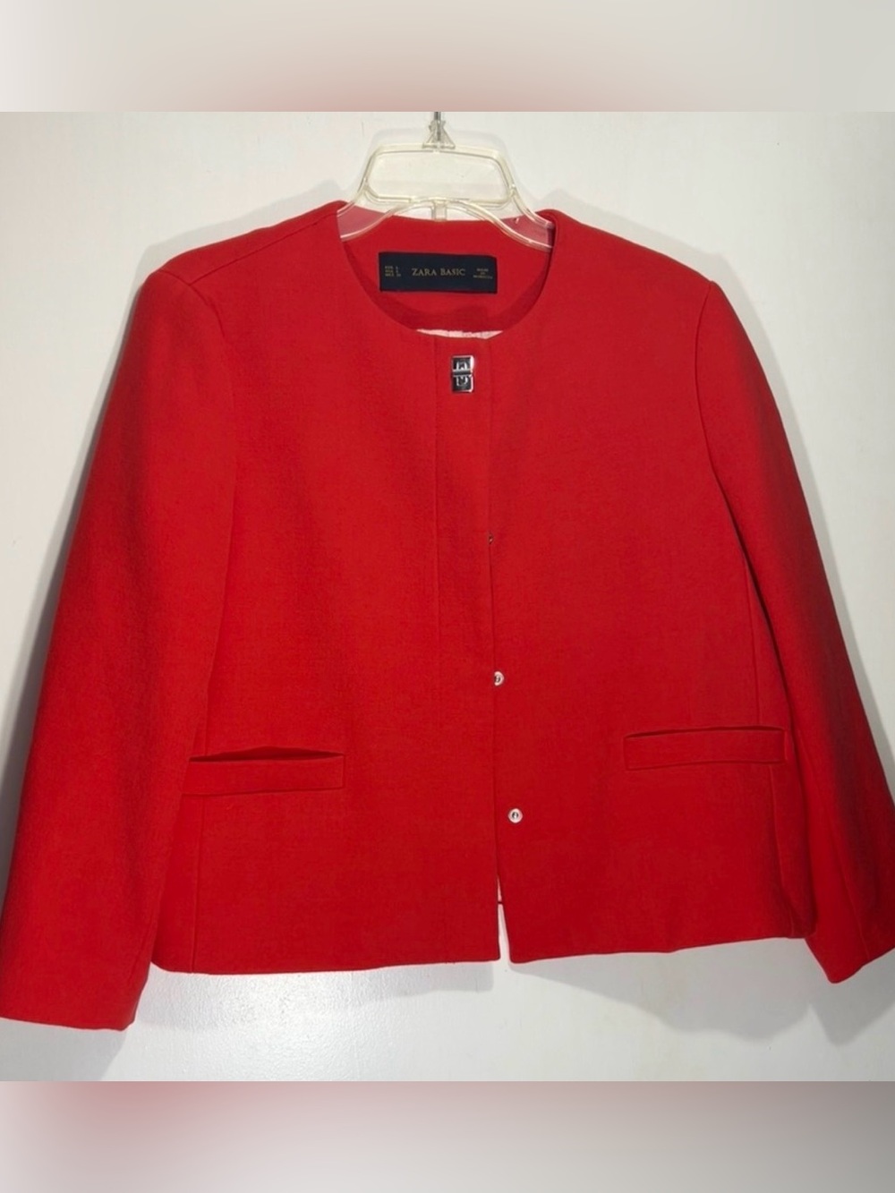 Zara Red Collarless Blazer Jacket with Silver Hardware Closure Size L